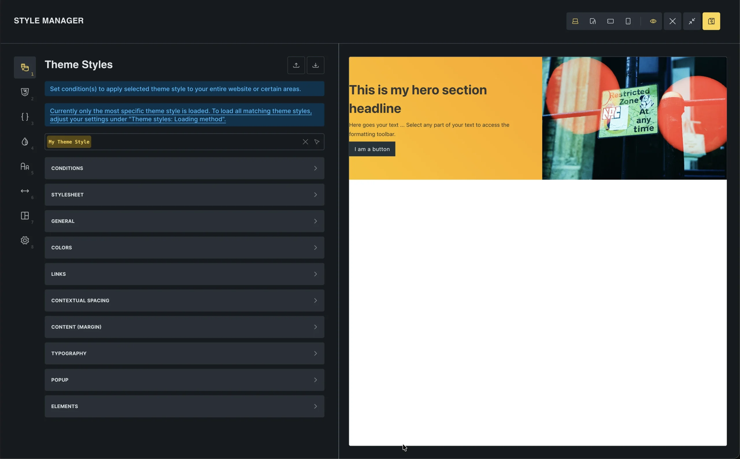 تنظیمات عرض کانتینر سراسری در پنل Theme Styles بریکس بیلدر