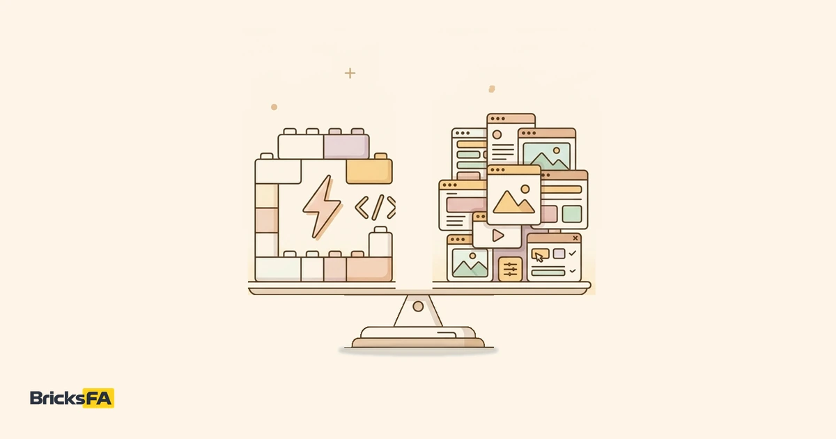 مقایسه تخصصی Bricks Builder با Elementor Pro در پس زمینه هلویی ملایم